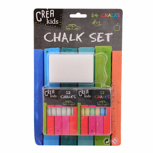 SCHOOLBORD KRIJT SET - INCL. 12x GEKLEURDE EN 12x WITTE KRIJTJES + SPONS OP KAART (6st.)